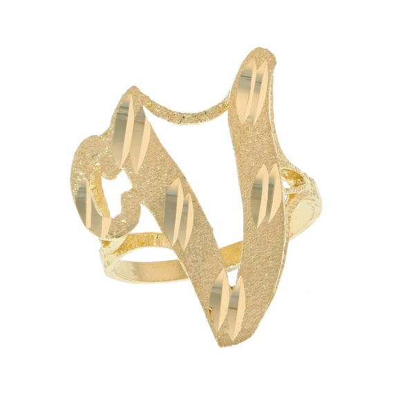 10k Real Yellow Gold Ladies Tendy Chic Diamond Cut Cursive Inital Letter V Ring