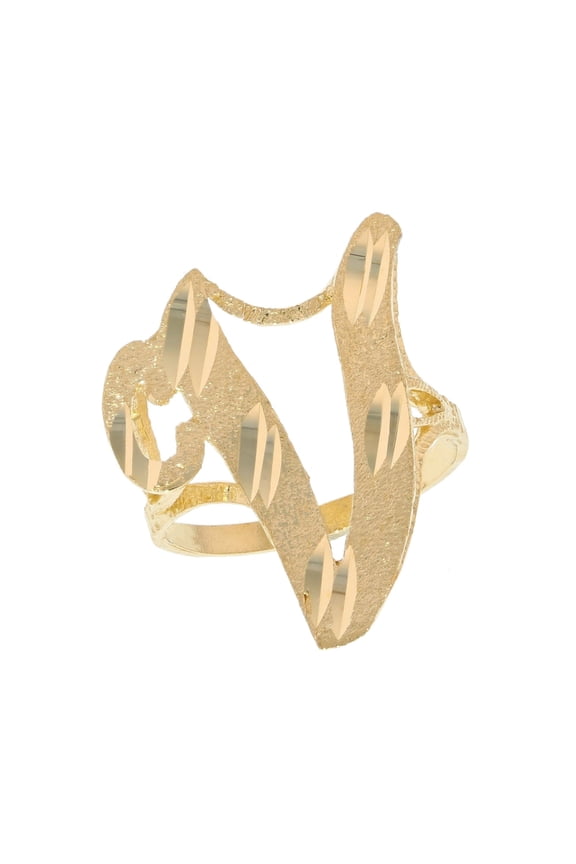 10k Real Yellow Gold Ladies Tendy Chic Diamond Cut Cursive Inital Letter V Ring