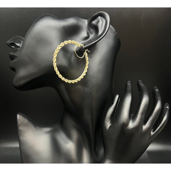 10k Real Yellow Gold Rope Chain Hoop Earrings, 3mm Rope Chain Hoop Earring, Shinny Gold 10k Hoop Earrings, 10k Diamond Cut Twisted Earring (Size:45mm Pair;)