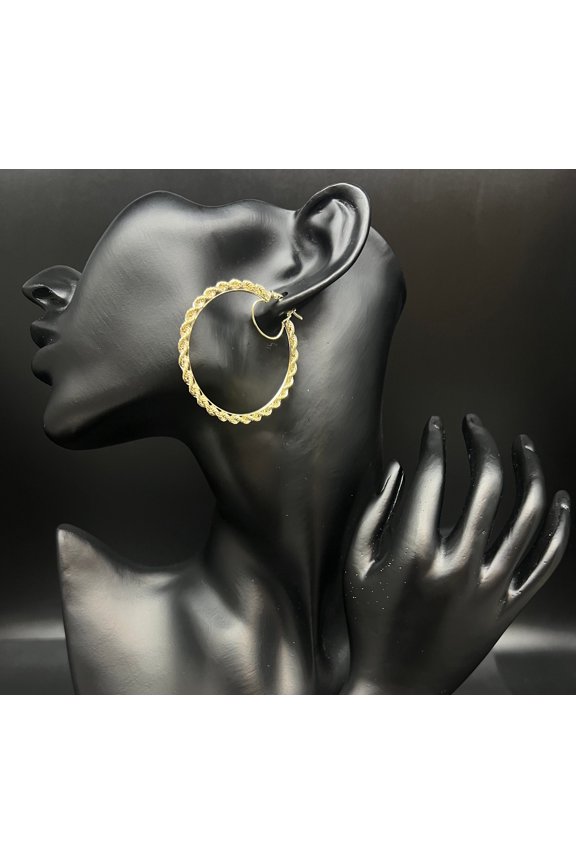 10k Real Yellow Gold Rope Chain Hoop Earrings, 3mm Rope Chain Hoop Earring, Shinny Gold 10k Hoop Earrings, 10k Diamond Cut Twisted Earring (Size:55mm Pair;)