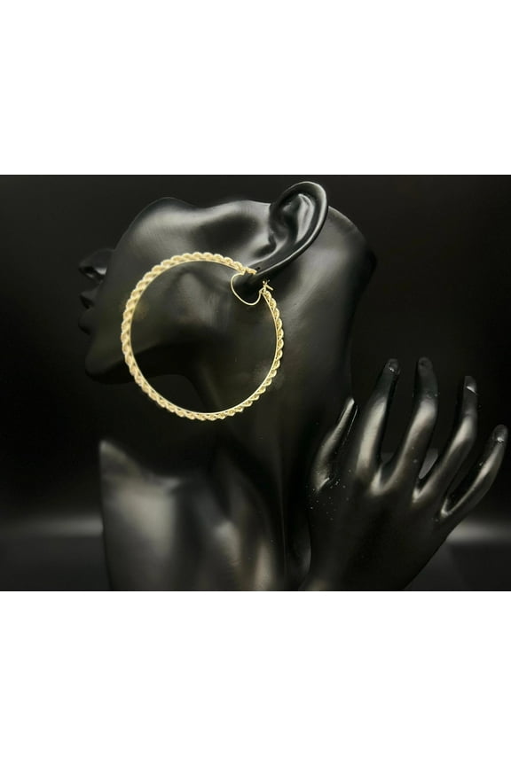 10k Real Yellow Gold Rope Chain Hoop Earrings, 3mm Rope Chain Hoop Earring, Shinny Gold 10k Hoop Earrings, 10k Diamond Cut Twisted Earring (Size:55mm Pair;)