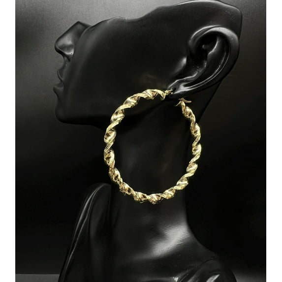 10k Real Yellow Gold Twisted Hoop Earrings 3mm, 4mm, 5mm Thickness, 25mm - 58mm Real Gold Twisted Hoop Earrings, 10k Twisted Hoop Earring (Thickness:3mm; Size:25mm pair;)