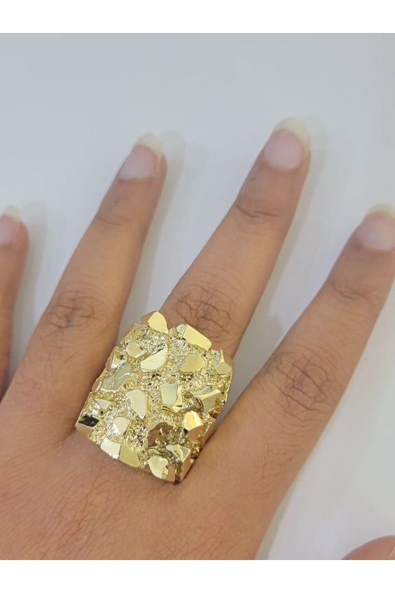 10k Real yellow Gold Nugget Ring men casual Rectangle gold ring 10kt