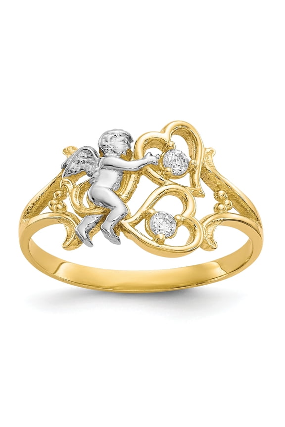 10k Rhodium CZ Angel WithHearts Ring