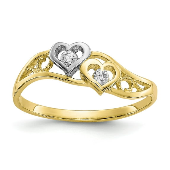 10k & Rhodium Double Heart CZ Ring in 10k Yellow Gold w/ Rhodium Plating - Size 6