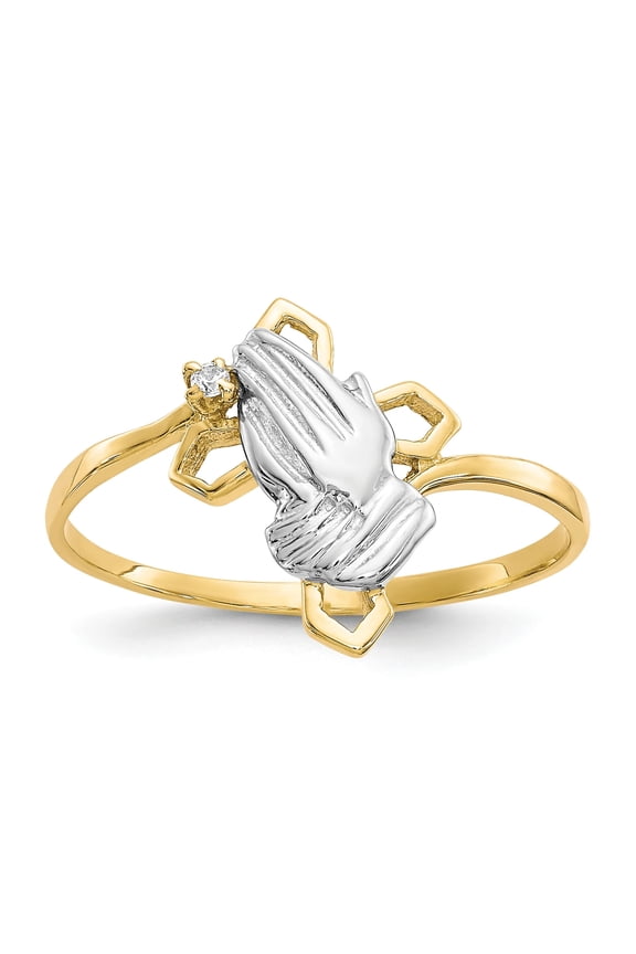 10k Rhodium Praying Hands CZ WithCross Ring