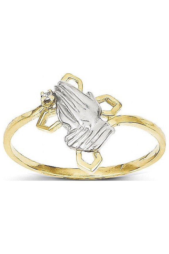 10k & Rhodium Praying Hands CZ w/Cross Ring