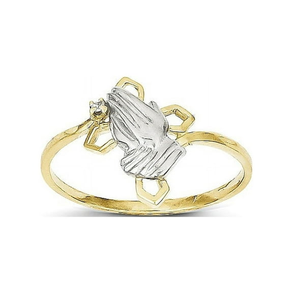 10k & Rhodium Praying Hands CZ w/Cross Ring