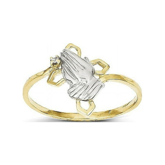 10k & Rhodium Praying Hands CZ w/Cross Ring
