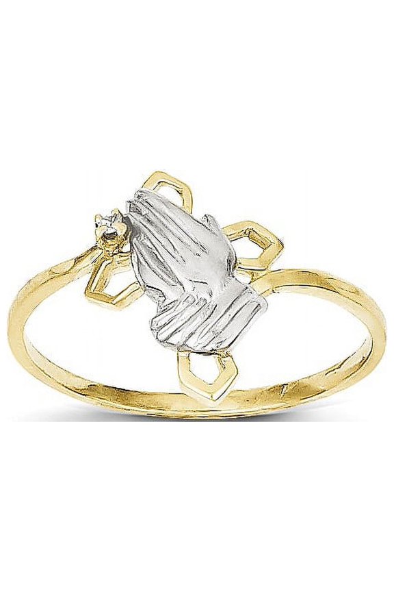 10k & Rhodium Praying Hands CZ w/Cross Ring