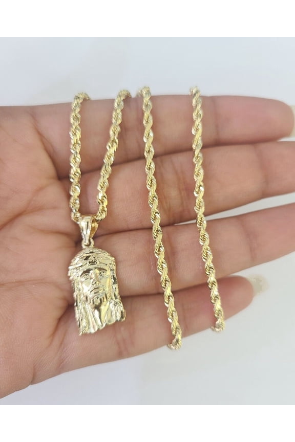10k Rope Chain Jesus Head Pendant 18"-30" Yellow Gold Set Charm Necklace 3mm (Please Select:18";)