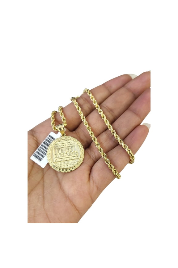 10k Rope Chain Nugget Last Supper Charm Necklace Pendant Set 2mm 18"-24" Gold (Item Length:18in Chain & Pendant;)
