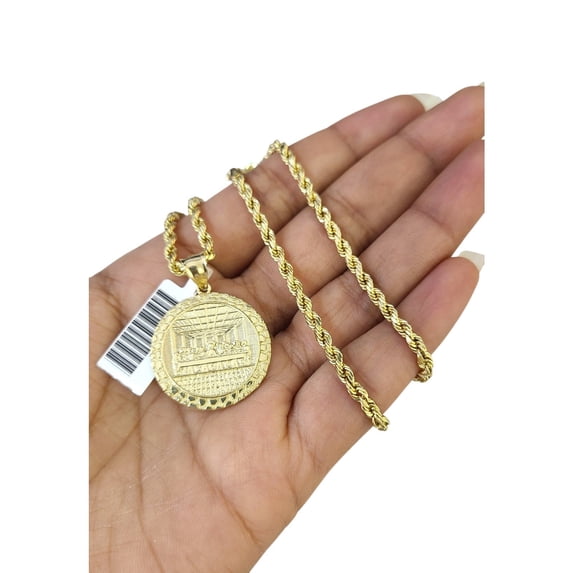 10k Rope Chain Nugget Last Supper Charm Necklace Pendant Set 2mm 18"-24" Gold (Item Length:20in Chain & Pendant;)