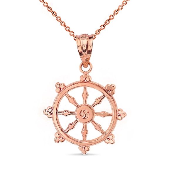 10k Rose Buddhism Dharmachakra Dharma Wheel Pendant(16 Inches)