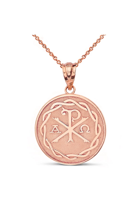 10k Rose Christian Chi Rho Alpha and Omega Symbol Beaded Medallion Pendant Necklace (16 Inches)