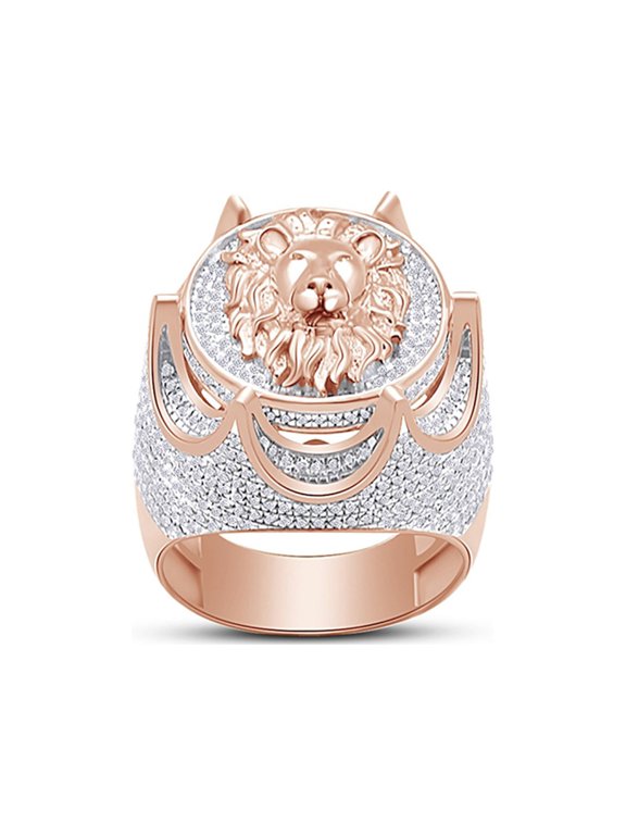 10k Rose Gold 1 1/3 Carat CT.t.w Bold Micro Pave Set Round Cut Natural Diamond Men's Lion Design Engagement Ring (I-J Color, I2-I3 Clarity, 1.33 Cttw) Ring Size-11.5
