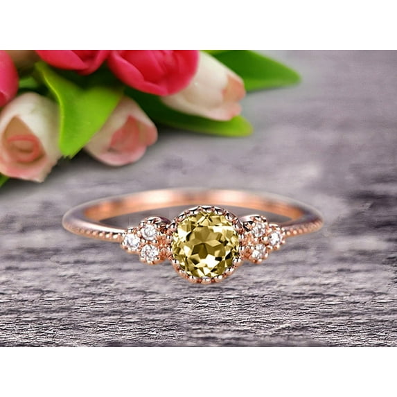 10k Rose Gold 1.50 Carat 6mm Round Cut Champagne Diamond Moissanite Engagement Ring Anniversary Gift Art Deco
