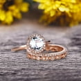 thumbnail image 1 of 10k Rose Gold 1.75 Carat Round Cut Aquamarine Engagement Rings With Two Matching Wedding Band Diamonds Halo Design Art Deco, 1 of 5