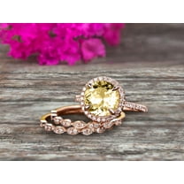 10k Rose Gold 2.75 Carat 6mm Round Cut Champagne Diamond Moissanite Trio Set Engagement Ring Halo Stacking Matching Band