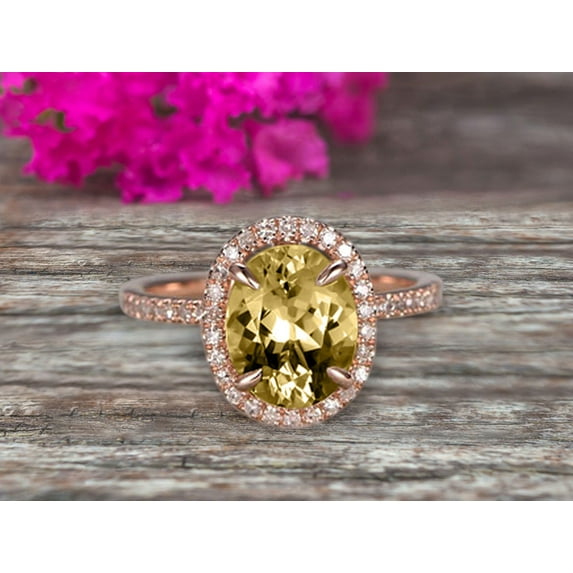 10k Rose Gold 2 Carat Champagne Diamond Moissanite Halo Engagement Ring 8x6mm Oval Cut Anniversary Ring Art Deco