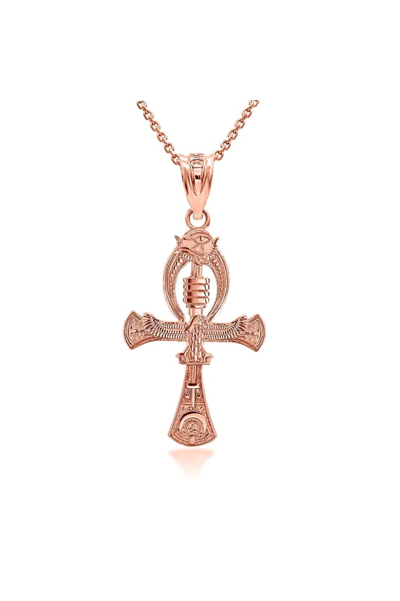 10k Rose Gold 3D Egyptian Ankh Cross Eagle Eye of Horus Wadjet Pendant Necklace (16 Inches)