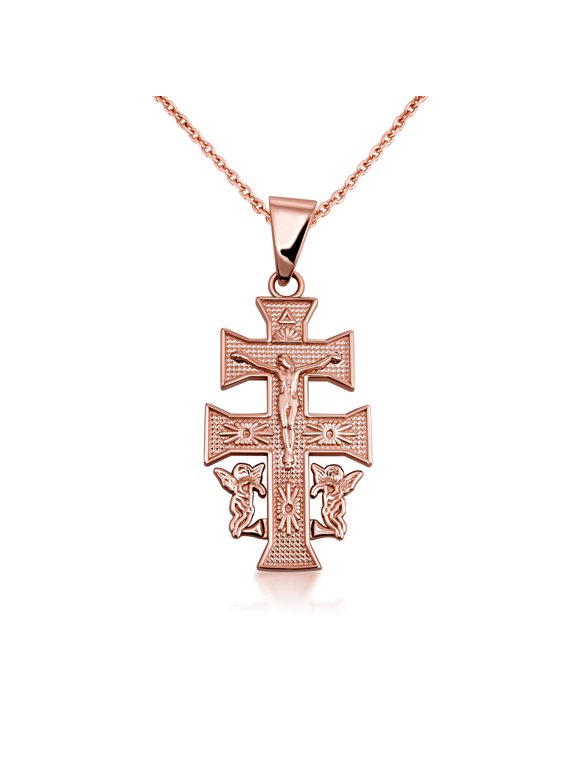 10k Rose Gold Caravaca Double Cross Pendant Necklace, 16" Chain