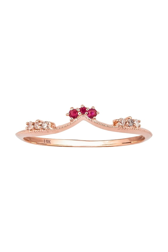 10k Rose Gold Curved Genuine Ruby and Diamond Band Guard