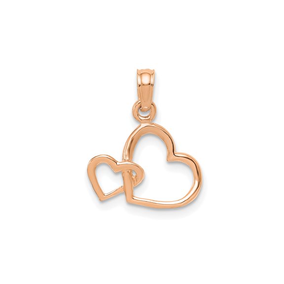 10k Rose Gold Double Heart Pendant Necklace for Women, Interlocking Open Hearts Symbolizing Love, Romantic Polished Charm, Sentimental Jewelry for Everyday Wear or Special Occasions