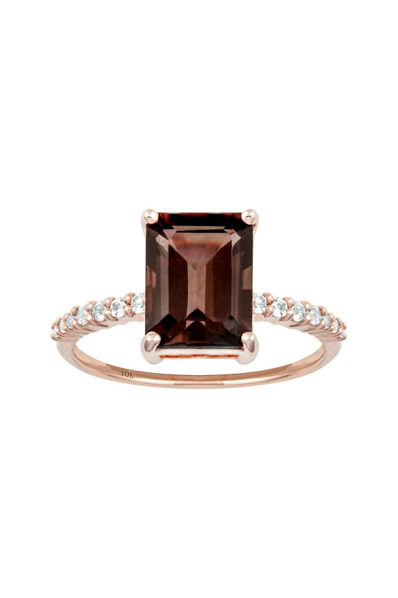 10k Rose Gold Emerald-Cut Smoky Quartz and White Topaz Ring