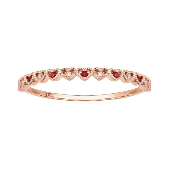 10k Rose Gold Genuine Ruby and Diamond Petite Heart Stackable Band