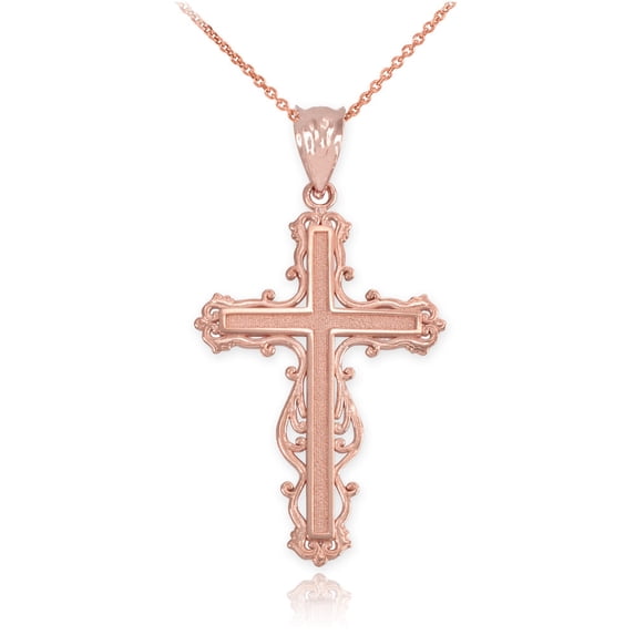 10k Rose Gold Latin Fancy Cross Pendant / Necklace (18 Inches)