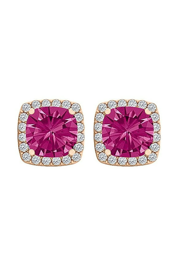 10k Rose Gold Plated 2 Carat Square Created Halo Ruby Sapphire Stud Earrings