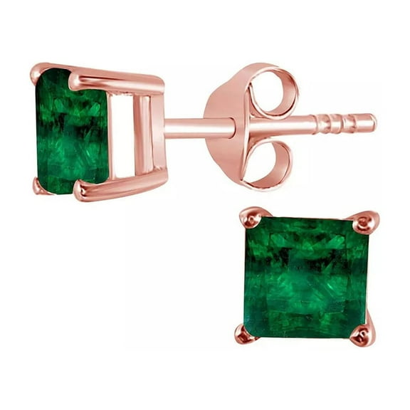 10k Rose Gold Plated 4 Carat Princess Cut Created Emrald Stud Earrings