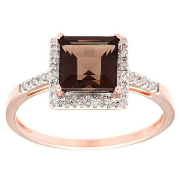10k Rose Gold Square Smoky Quartz and Diamond Halo Ring