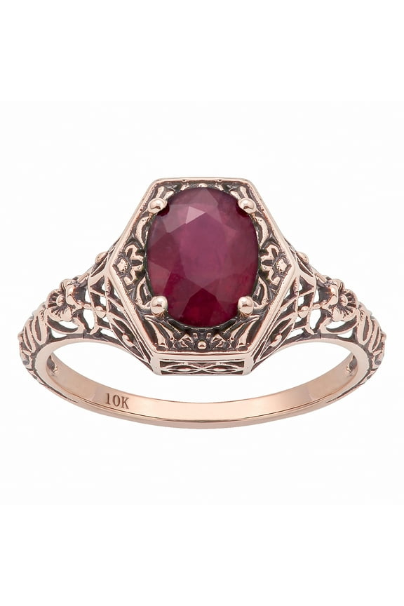 10k Rose Gold Vintage Style Genuine Oval Ruby Filigree Ring