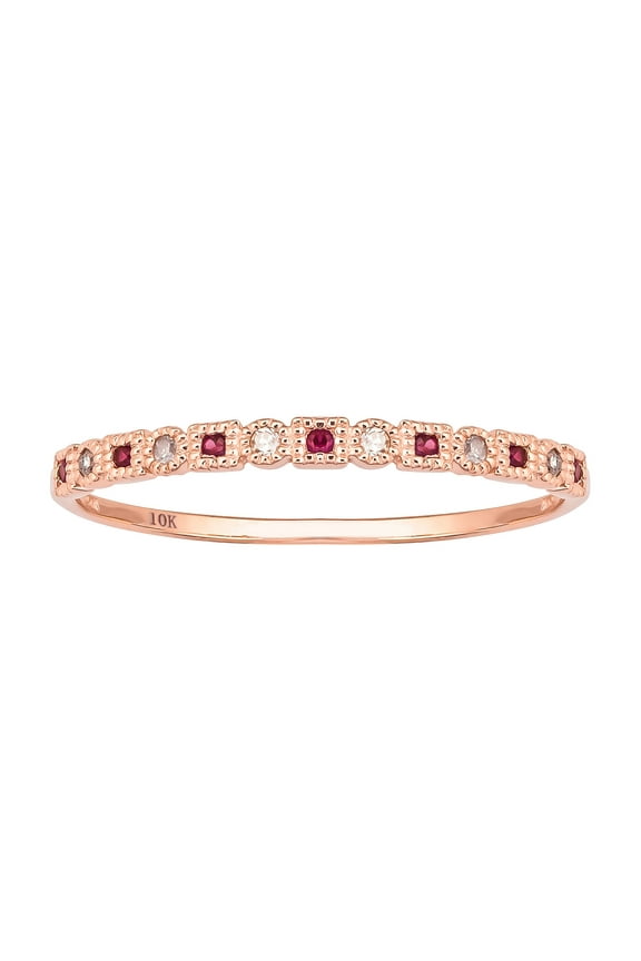 10k Rose Gold Vintage Style Ruby and Diamond Petite Stackable Band