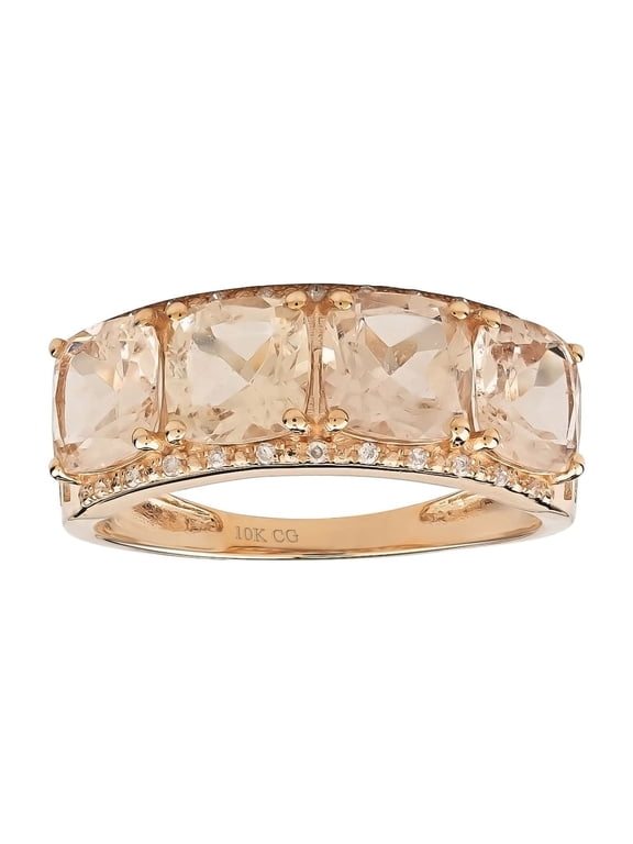 10k Rose Solid Gold 4-Stone Natural Cushion-cut Morganite and Diamond Anniversay Band Birthstone Gemstone Ring