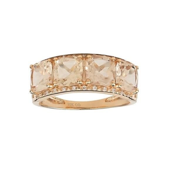 10k Rose Solid Gold 4-Stone Natural Cushion-cut Morganite and Diamond Anniversay Band Birthstone Gemstone Ring