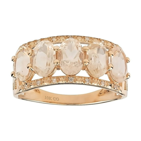 10k Rose Solid Gold 5-Stone Natural Oval Morganite and Diamond Anniversay Band Birthstone Gemstone Ring