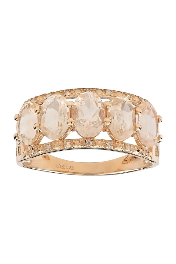 10k Rose Solid Gold 5-Stone Natural Oval Morganite and Diamond Anniversay Band Birthstone Gemstone Ring