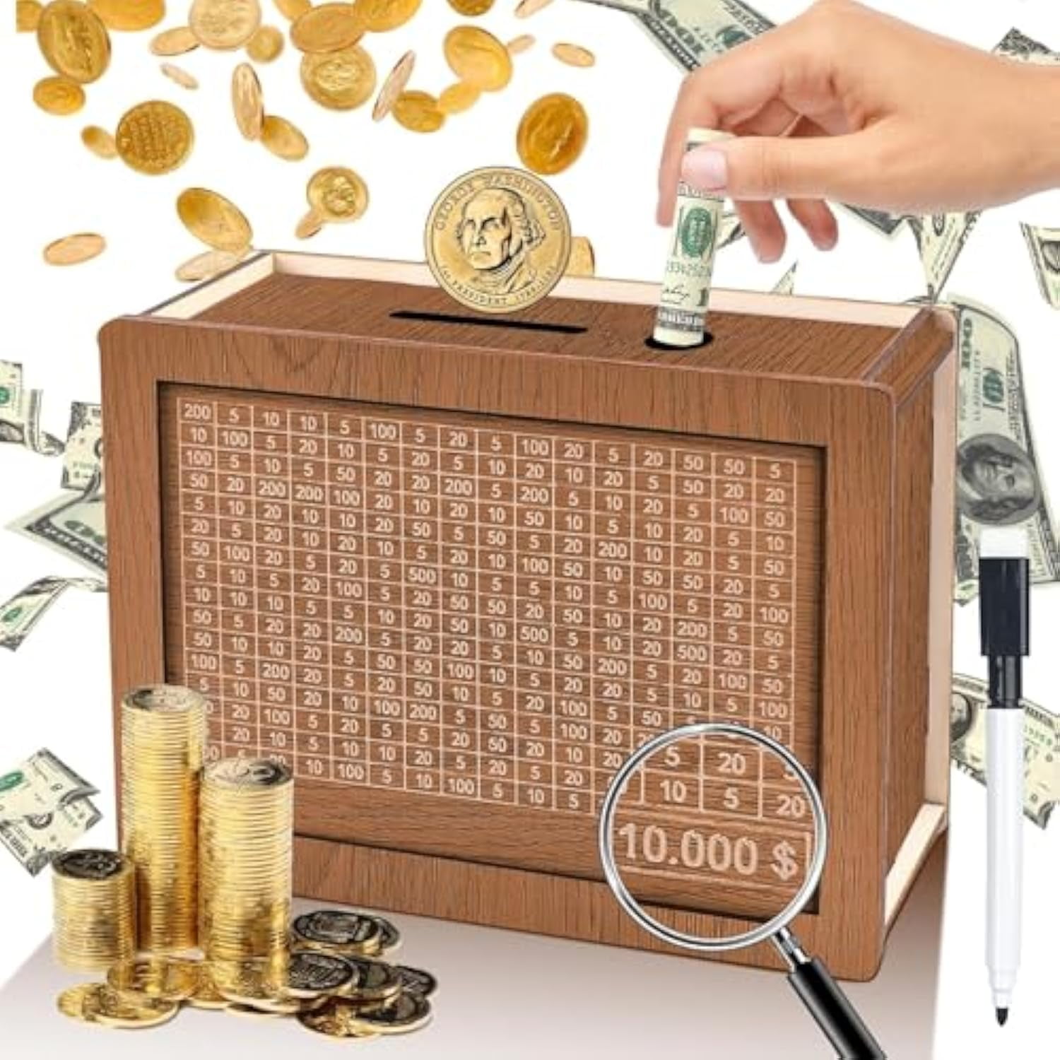 10k Smash Box for Money, Clear 10k Savings Challenge Smash Box for Money, Unbreakable 100/365 Day Money Saving Challenge Box for Money Saving Challenge Must Break to Open (Wood)