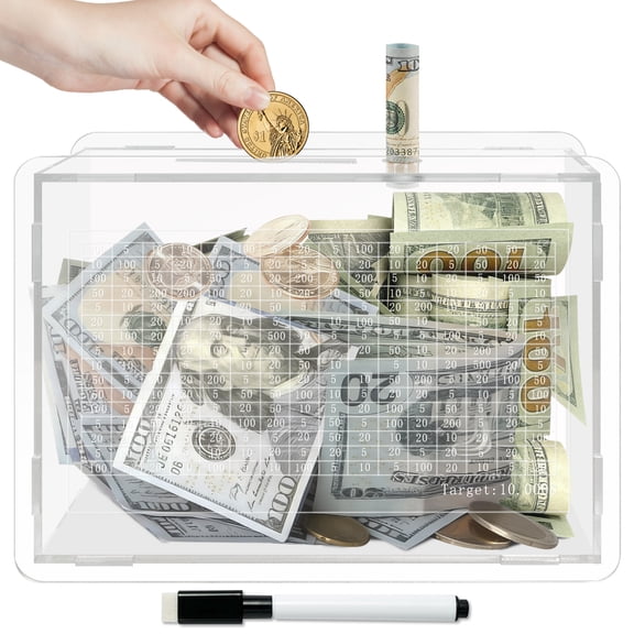 10k Smash Box for Money, Large Piggy Bank for Adults 10000 Savings Challenge Box, Money Saving Box for Cash, Big Unbreakable Clear Acrylic Money Coin Counter