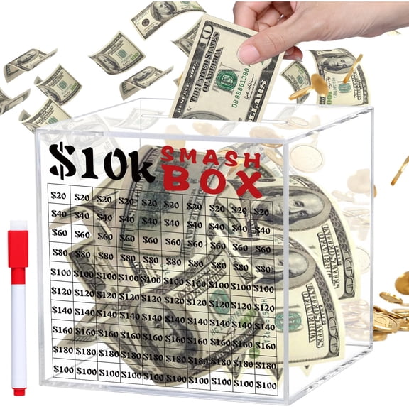 10k Smash Box for Money, Unbreakable Piggy Bank for Adults Save $10,000 Money Saving Challenge, Clear Acrylic Saver Box for Cash Must Break to Open (4.72 Inch)