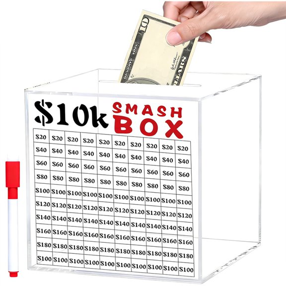 10k Smash Box for Money,Unbreakable Piggy Bank for Adults Save 10000 Money Saving Challenge Box,Clear Acrylic Saver Box