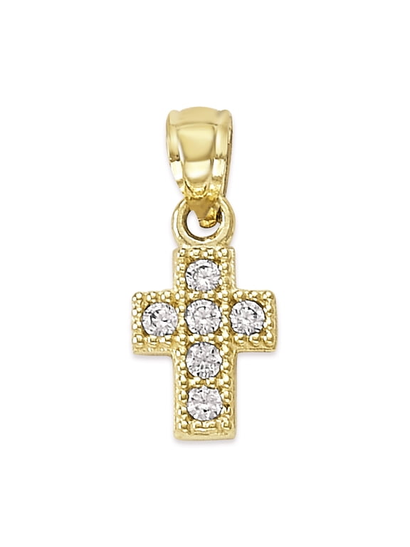 10k Solid Gold Dainty Cross with CZ Stones for Necklace, Crystal Crucifix Pendant, Small Religious Jewelry, Catholic Gift for Her