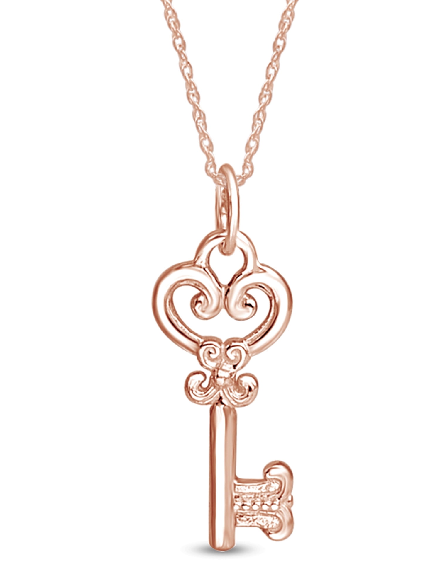 10k Solid Rose Gold Lovely Vintage Key Pendant Necklace With 18" Long Chain Gift For Her Women Birthday