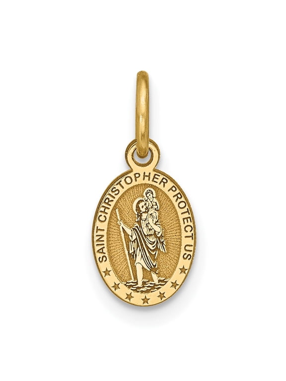 10k Solid Satin Polished Small Oval St. Christopher Medal Pendant (Weight : 0.54 gm, Length : 15mm, Width : 6 mm)