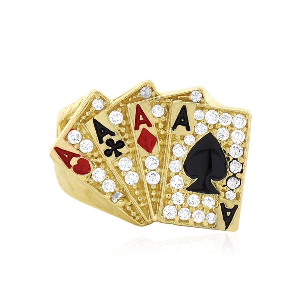 10k Solid Yellow Gold Created Diamond Aces Poker Ring Size 8