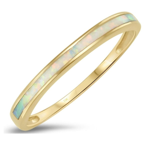 10k Solid Yellow Gold White Opal Inlay Band Ring