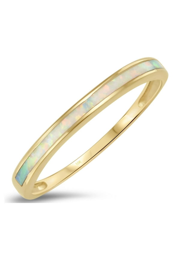 10k Solid Yellow Gold White Opal Inlay Band Ring